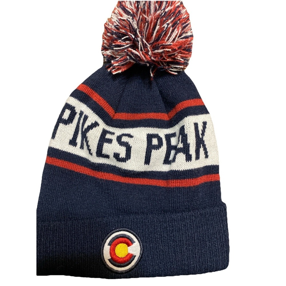 Winter Hat Pikes Peak Mountain Colorado Warm Red White Blue Beanie Pom Pom Cap